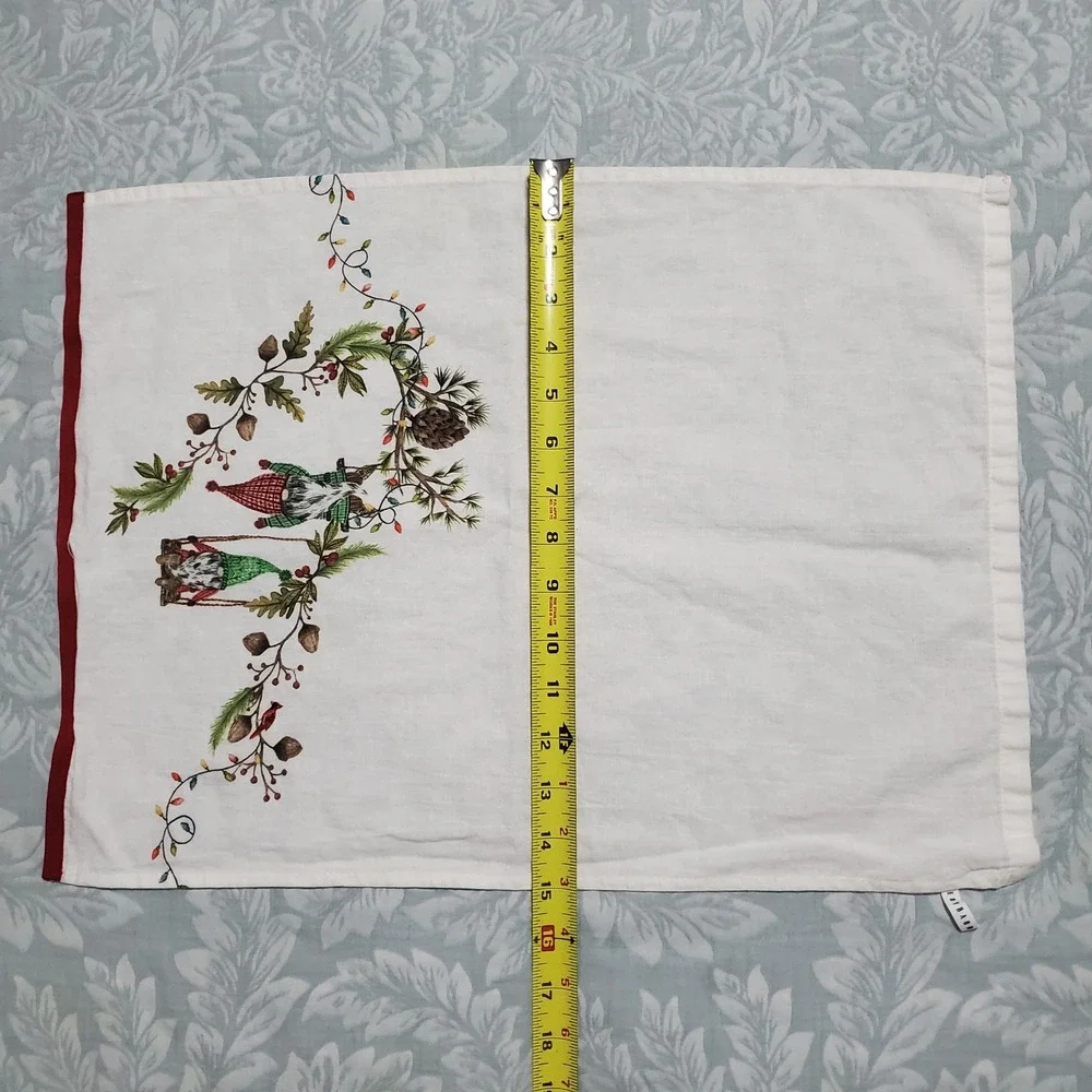 Pottery Barn Christmas Gnomes Embroidered Tea Towel White Red Holiday Kitchen